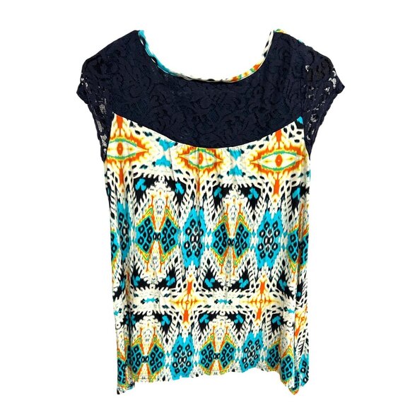 Colorful Life Style Womens Top With Lace Sleeves & Geometric Print S - Picture 2 of 9